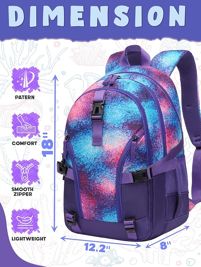 BLUEFAIRY High School Backpack for Girls Boys Middle School Bookbag for Kids Back to School Bag for College with Large Compartment Casual Daypack Mochilas para Niñas Adolescentes 18" Grape Purple