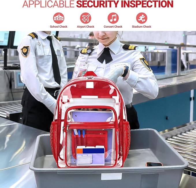 ZORFIN Clear Backpack Heavy Duty for School & Work – 17in Transparent PVC Bag with Large Capacity & Reinforced Straps – See Through Bookbag for Men, Women, Boys & Girls, Workplace Security - Red