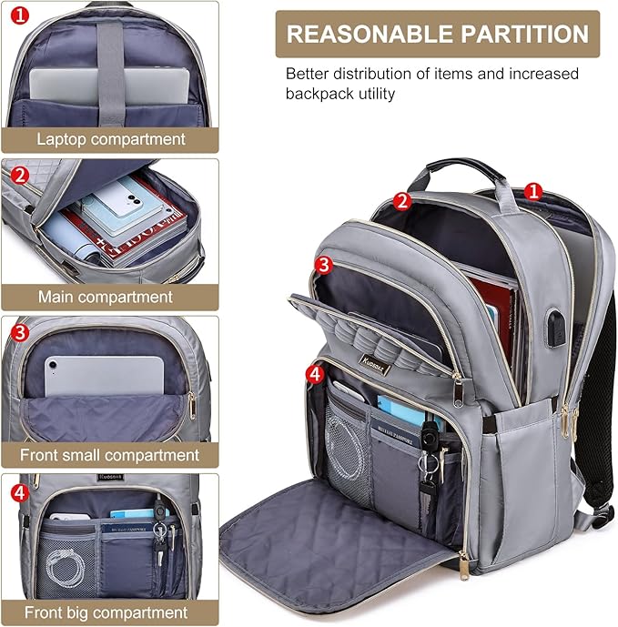 Backpack for Women, Large School Backpack, Girls Bookbag with USB Charging Port, 17.3 Inch Work Travel Laptop Back Pack Purse Casual Daypacks, Grey