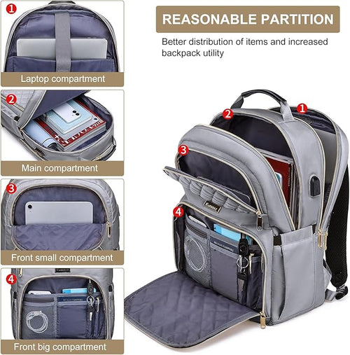 Backpack for Women, Large School Backpack, Girls Bookbag with USB Charging Port, 17.3 Inch Work Travel Laptop Back Pack Purse Casual Daypacks, Grey