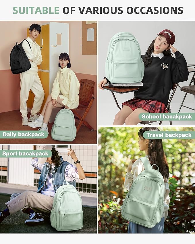 Lightweight Backpack for Women Men Laptop Travel Work Casual Daypack College Bags Cute Aesthetic Travel Backpack Casual Personal item Bag - Green