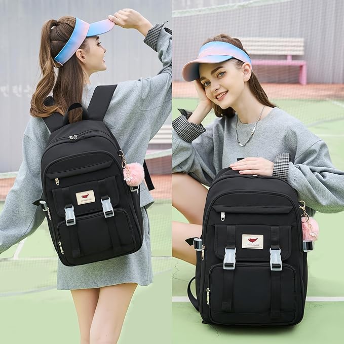 3 PCS Backpack for Teen Girls,Laptop Backpacks 15.6 Inch School Bag with Lunch Box Pencil Pouch Set for Students Aesthetic College Bookbag Travel Daypack(Black)