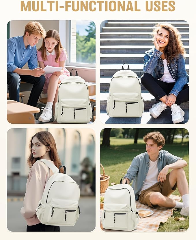 School Backpack for Girls Boys Bookbag Cute Aesthetic College Backpack Women Middle High School Teen Students Book Bag Lightweight Gym Work Laptop Casual Daypack Backpacks Men Beige