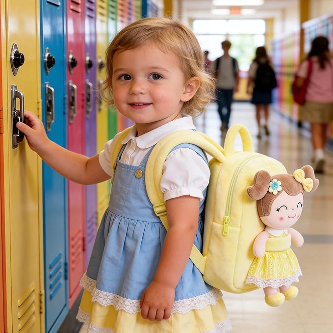 Gloveleya Back to School Gifts for Girls Kids Backpack Toddler Girls Backpacks with Soft Plush Spring Girl Doll Toys Yellow