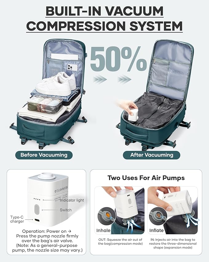 coofay Vacuum Backpack Travel with Pump Vacpack Travel Backpack with Vacuum System Compression Backpacks