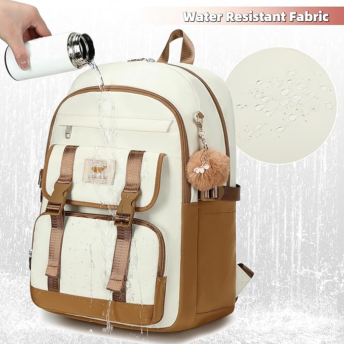 3 PCS Backpack for Teen Girls,Laptop Backpacks 15.6 Inch School Bag with Lunch Box Pencil Pouch Set for Students Aesthetic College Bookbag Travel Daypack(Beige Khaki)