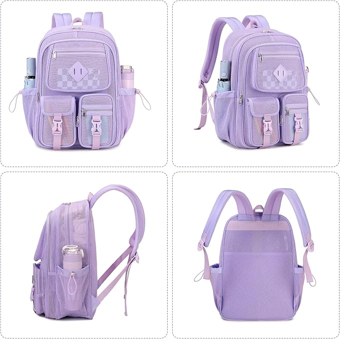 MOONBABY Mesh Backpack for School Heavy Duty See Through Net Bookbag Girls Semi-Transparent Net Back Pack for Beach, Swimming, Sports, Work, Travel (Purple)