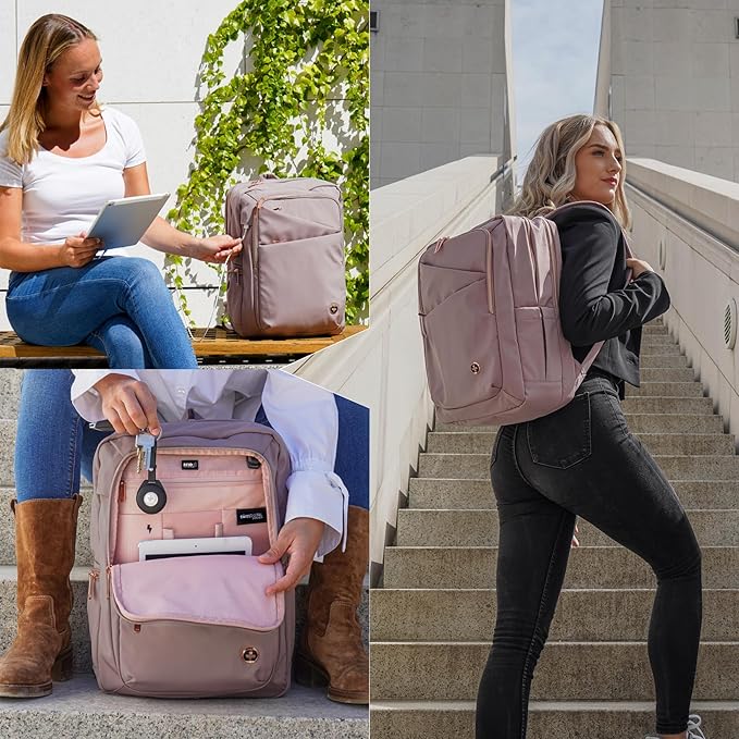 Swissdigital Design Women's Laptop Backpack, Compact College Bookbag with USB Port,Well-Organized Daypack for Work Business, Fits 15.6" Laptop, Pink | SD1006F-82