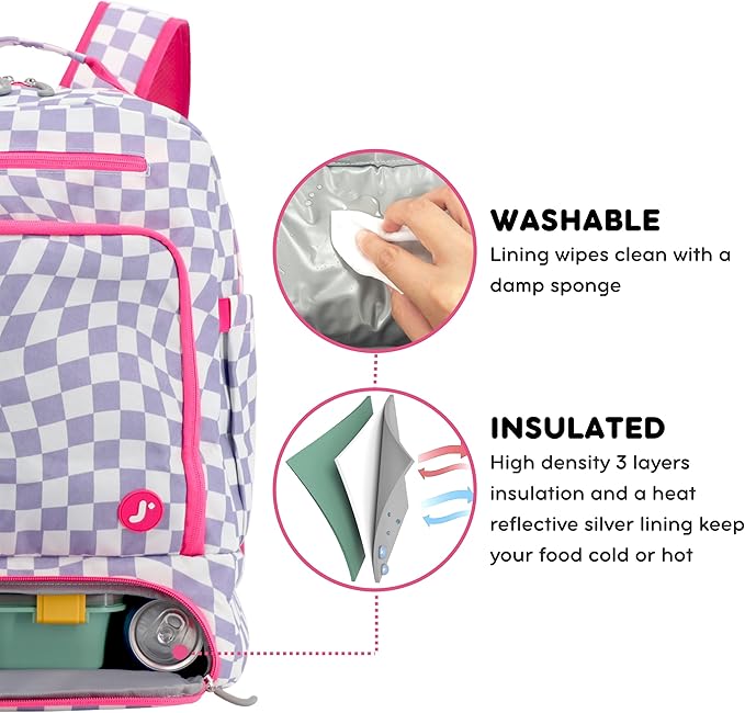 J World New York 2-in-1 Insulated Backpack Lunch Box for Kids. Adult School Bookbag, Lavender Checkers