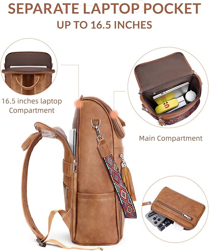 Leather Laptop Backpack for Women Designer Laptop Bag, 16.5 inch Travel Computer Backpacks Purse with Tassel for Work Business with Satchel Purse Brown