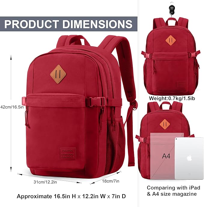 SUPACOOL Casual Backpack For School, Classical Travel Backpack for Men and Women, Bookbag for Boys, Girls and Kids, Laptop Compartment(Red)
