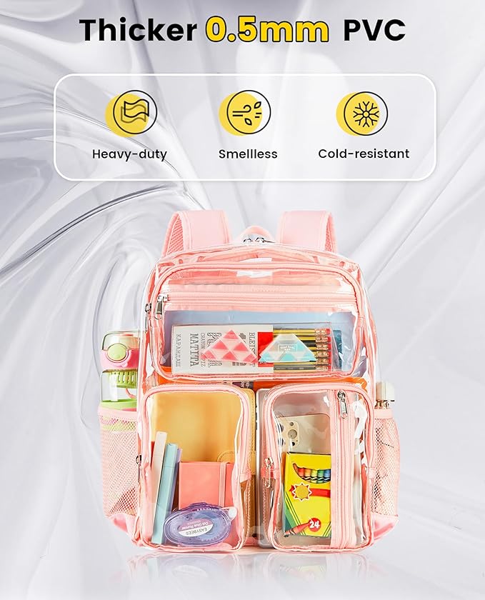 Vorspack Clear Backpack Heavy Duty - Multi-pockets Clear Bookbag Transparent See Through Backpacks for College Work Festival - Pink
