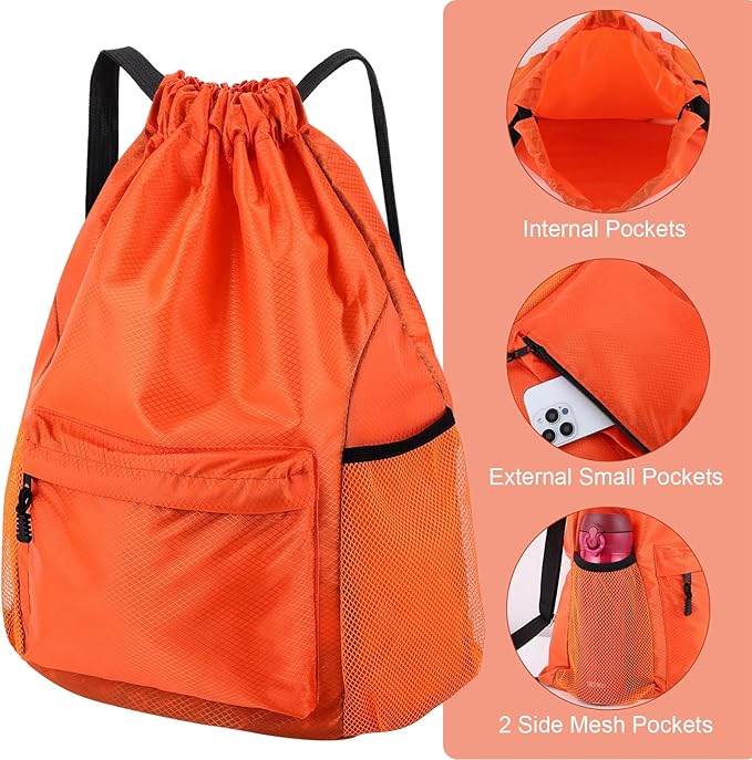 Drawstring Backpack, Gym Bag with Water Bottle Pocket, Waterproof String Backpack for Soccer, Basketball, Swim for Women Men (Orange)