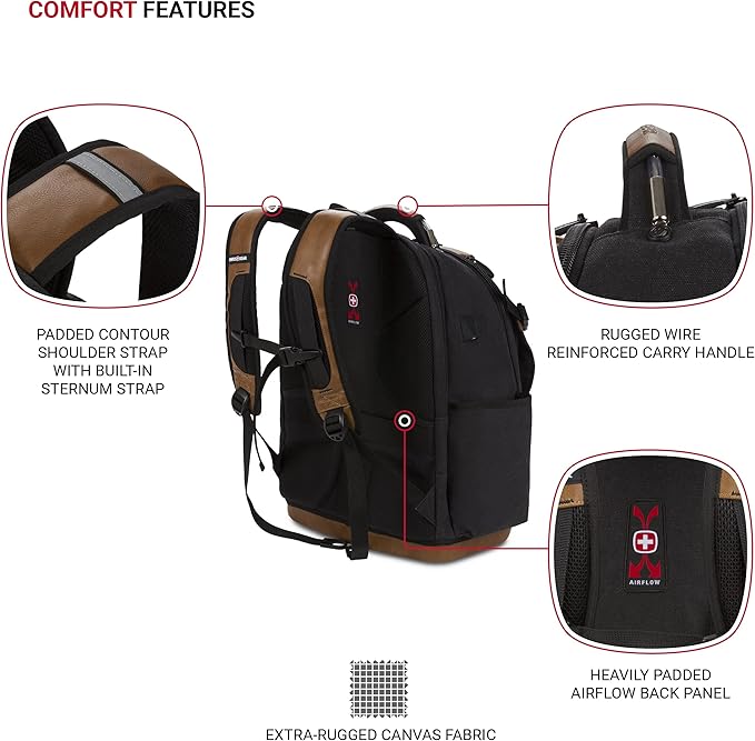 SwissGear Tool Bag Backpack, Fits Up to 17-Inch Laptop, Work Pack PRO, Black/Brown Canvas