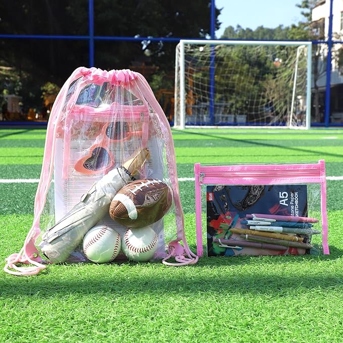 Clear Drawstring Bags, Transparent Storage Backpack for Stadium Approved,2 pieces, Concert Baseball Festival Beach Makeup Bag (1, Pink)