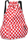 Drawstring Backpack for Women Drawstring Gym Bag Water Resistant Small Cinch Sack Pull String Backpack Bag (Checkered-Pink)