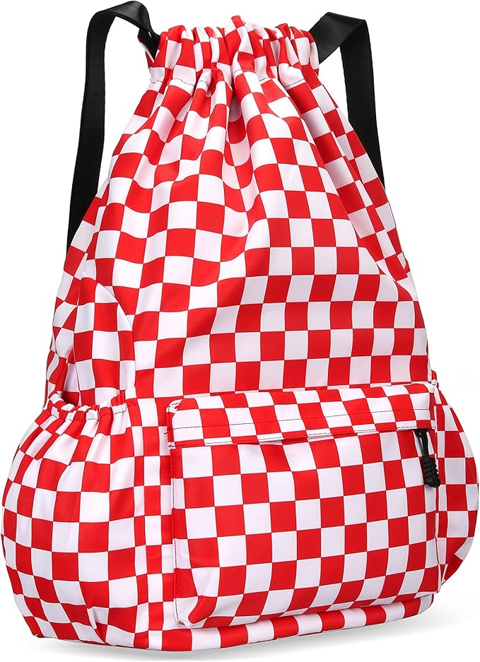 Drawstring Backpack for Women Drawstring Gym Bag Water Resistant Small Cinch Sack Pull String Backpack Bag (Checkered-Pink)