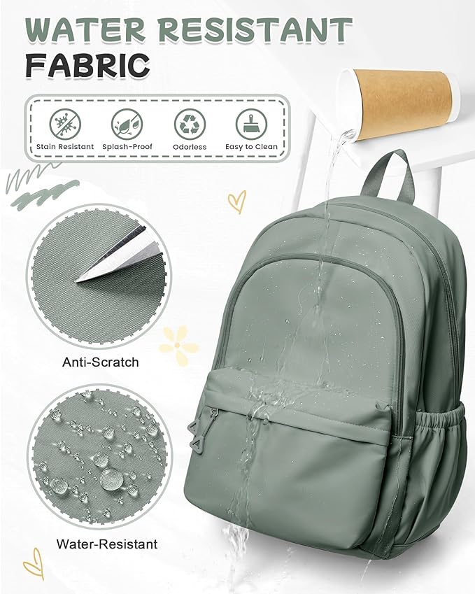 BJLFS Green Cute School Backpack with Laptop Compartment Small Travel Laptop Backpack for Women Men Waterproof College Backpack Simple School Bag for Teens Girls Boys