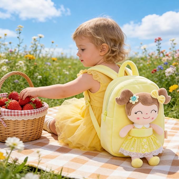 Gloveleya Back to School Gifts for Girls Kids Backpack Toddler Girls Backpacks with Soft Plush Spring Girl Doll Toys Yellow