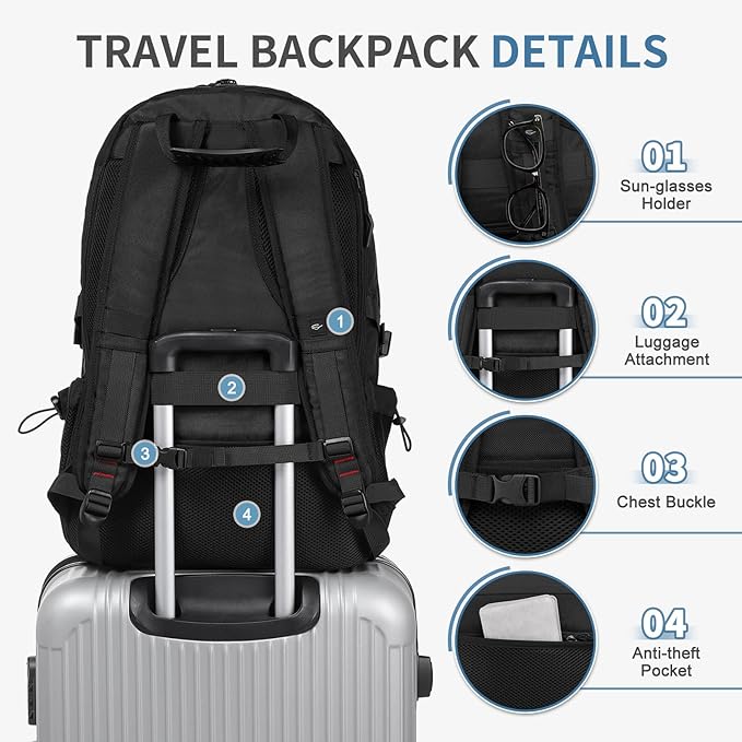 Travel Backpack for Men, 45L Expandable TSA Approved Laptop Backpack Fits 18.4 Inch, Water-Repellent W/Shoe Compartment & Wet Pocket Anti-theft Pocket, Black