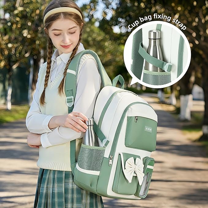 Laptop Backpack 16 Inch Kids Elementary Middle High School Bag College Backpacks Women Work Business Back Pack Travel Rucksack Large Bowknot Bookbag for Teens Girls Womens Students (Green)