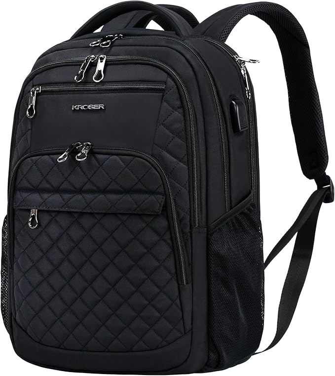 KROSER Travel Laptop Backpack 17 Inch Large Computer Backpack Water-Repellent Daypack with USB Charging Port RFID Pockets for Work/Business/College/Men/Women(Quilted)