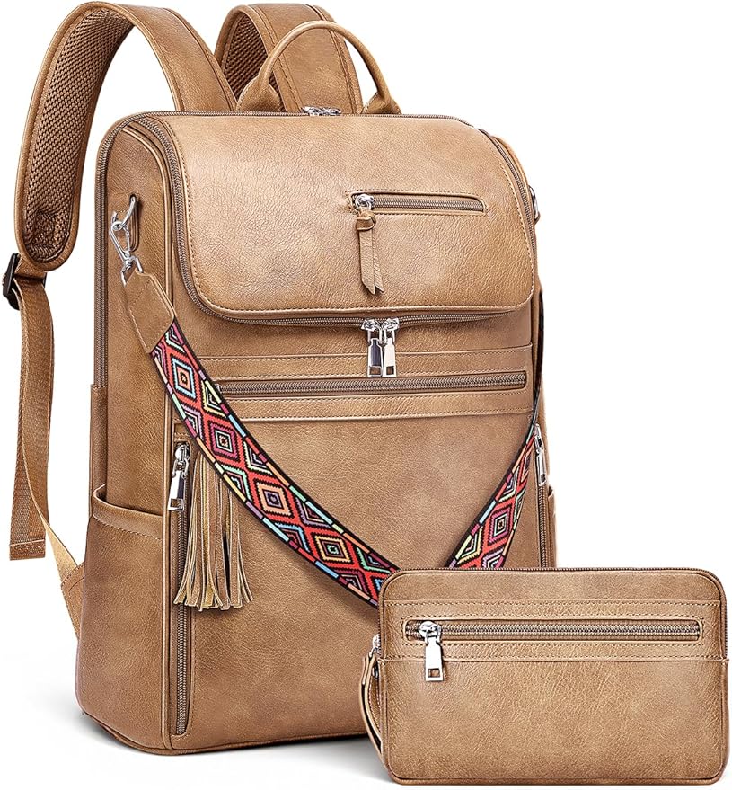 Leather Laptop Backpack for Women Designer Laptop Bag, 16.5 inch Travel Computer Backpacks Purse with Tassel for Work Business with Satchel Purse Camel Brown