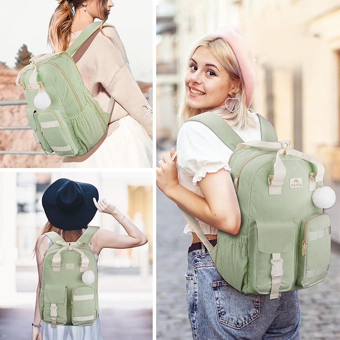 MATEIN 15.6 Laptop Backpack, Cute School Backpack for Teens Girls Corduroy Computer Bookbag with Luggage Strap, High School College Backpacks Students Daypack Gifts for Girl Sister Kids Nurse, Green