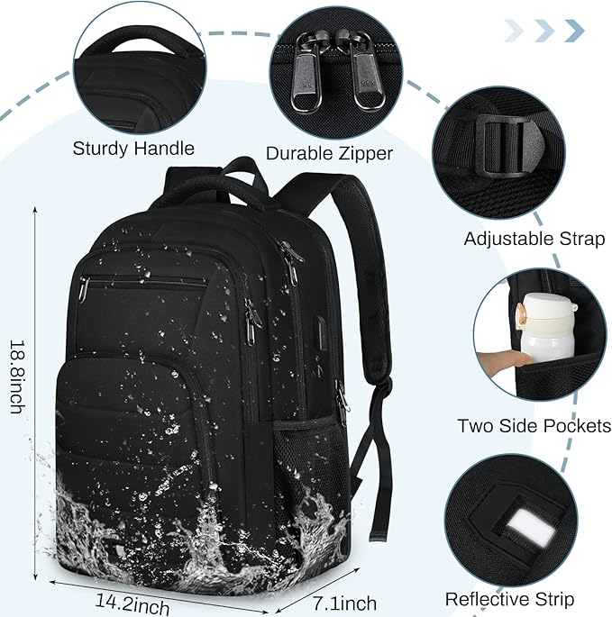 RAINSMORE Laptop Backpack 17 Inch Large Travel Backpack for Men Women Waterproof Computer Work Business College Bookbag TSA Friendly Carry on Backpack with USB Port, Black