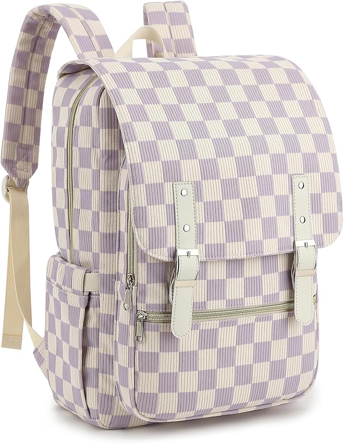 Corduroy Travel Backpack for Women, 15.6 Inch College Laptop Backpack, Fashion School Bookbag Work Backpacks (Corduroy Checkered Purple)