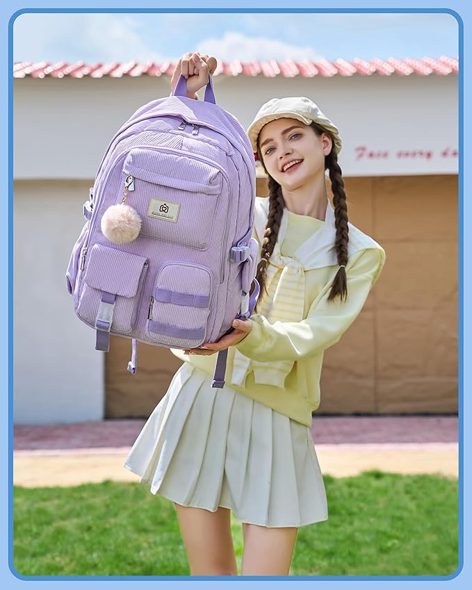 Hidds School Backpack for Teens Girls Women 15.6 Inch Laptop College Backpacks Corduroy Kids Bookbag Students Travel Daypack Womens (Purple)