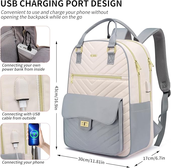 Cute Backpack for College Students,Teen Girl Bookbag Women with Laptop Compartment for Travel,Mochilas de Mujer,Gray Beige