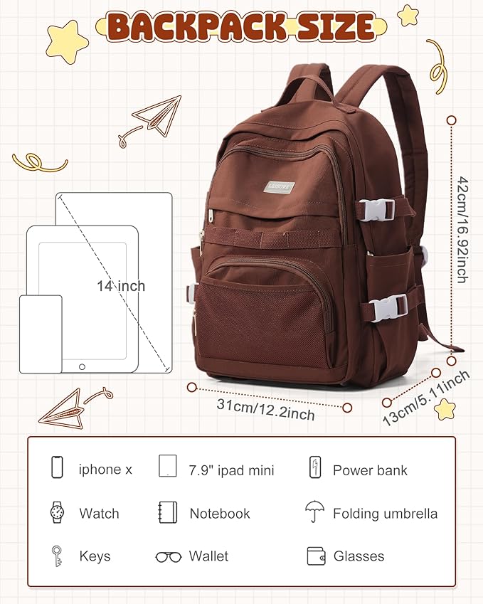 School Backpack for Teen Girls Boys Multi-pocket Middle School Bag Cute College Backpack for Women Men Elementary Student Bookbags Aesthetic Backpacks Casual Daypacks Coffee