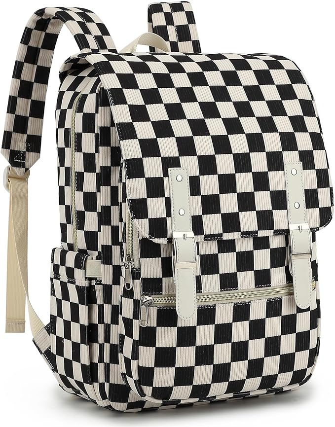 Corduroy Travel Backpack for Women, 15.6 Inch College Laptop Backpack, Fashion School Bookbag Work Backpacks (Corduroy Checkered Black)