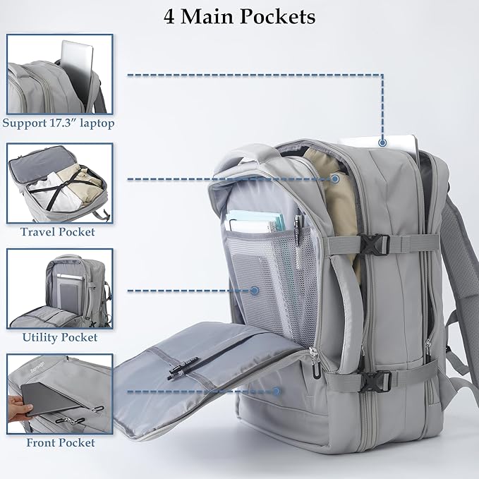 Travel Backpack, Expandable Large Capacity Business Work, Water Repellent Carry On Daypack with USB Charging Port, Fit 17 Inch Laptop, Bag for Men and Women, Grey