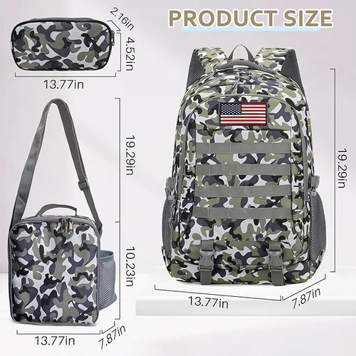 Camo Backpack for Boys 3 in 1 Set, 19 Inch 55L Tactical Bookbag with Lunch Box Pencil Case, Molle System School Backpack for Elementary Middle High School, Outdoor Camping Hiking Travel for Kids Teens