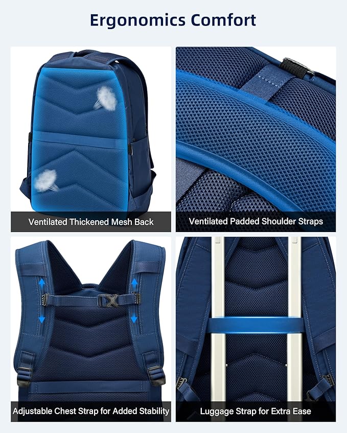 Travel Laptop Backpack Carry On, 18 Inch Large Work Backpack School Book Bags, Light Water Resistant Backpacks for Women Men with Luggage Strap Water Bottle Pocket Chest Strap, Navy Blue