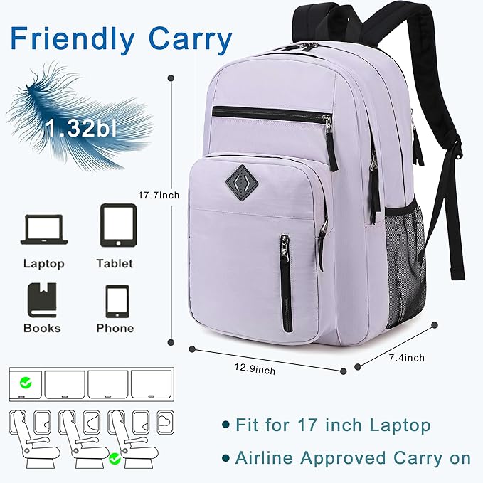 Laptop Backpack 17 inch for Women Men Large College Bookbags Waterpoof Work Business Travel Backpacks Kids School Bag for Girls Boys Students Teens Elementary Schoolbag Casual Daypack Sport-Purple