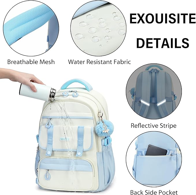 School Backpack for Girls, Laptop Backpack 15.6 Inch Kids Elementary Middle High School Bag Anti Theft Cute College Bookbags for Teens Girls Women Students Casual Travel Daypack,Blue Beige