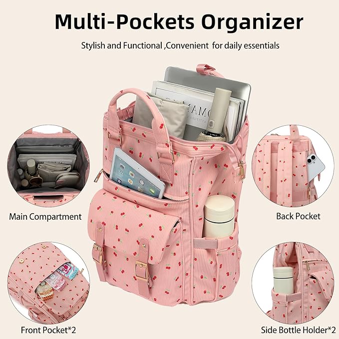 Corduroy Laptop Backpack for Women 15.6 Inch Stylish College School Bookbag, Business Work & Travel Computer Backpacks (Cherry Pink)