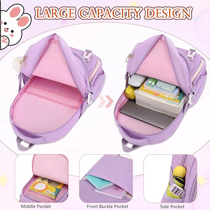 Backpack for Girls 3 PCS Cute School Backpacks Elementary Kids Book Bag with Lunch Box Pencil Case Set Laptop College Travel Back Pack Large Bookbags for Girl Teens Women Student Purple