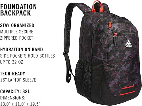 adidas Unisex Foundation Backpack for Laptop, Large Durable Athletic Gym Bag
