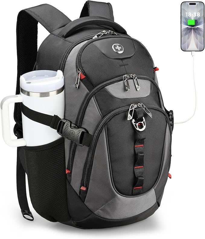 Swissdigital Design Laptop Backpack with USB Charging Port, Travel Backpack Fits 15.6 inches Computer, 31L College School Backpack for Men, Black/Grey | SD803-02