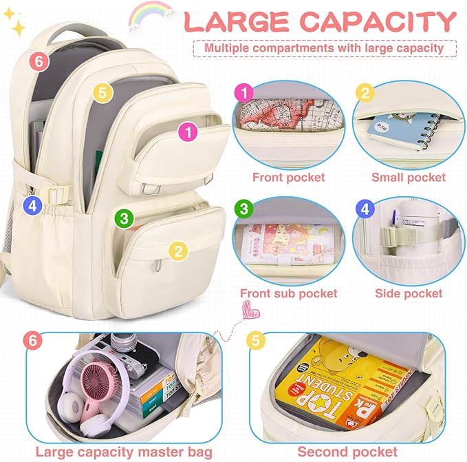 School Backpack for Kids Girls Cute Travel Backapck for College Women Men Casual Laptop Bookbag for Teen Student(Beige)