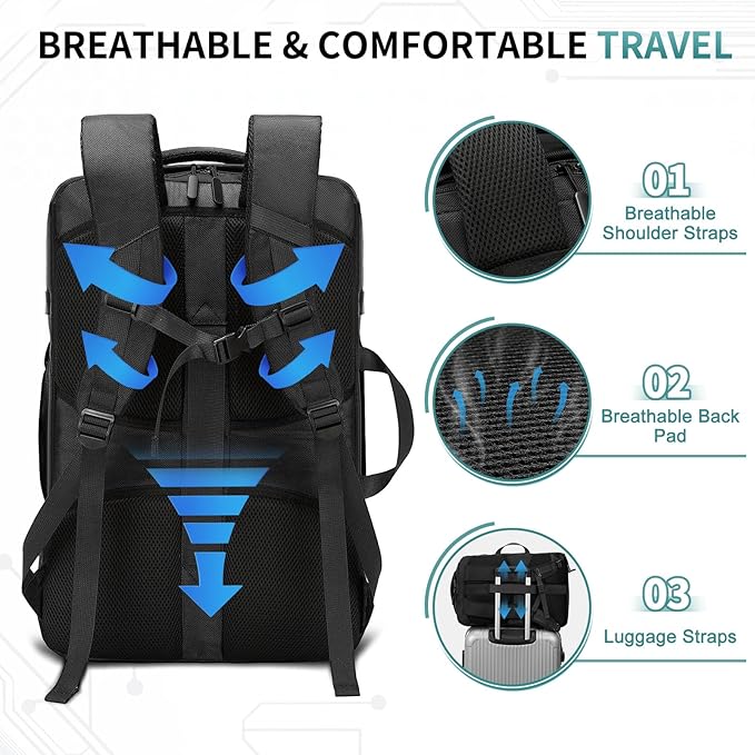 40L Travel Backpack, TSA Friendly Flight Approved Carry on Backpack for Men Women, Fits 17.3 Inch Laptop with USB-A&C Ports, Weekender Bag, Black