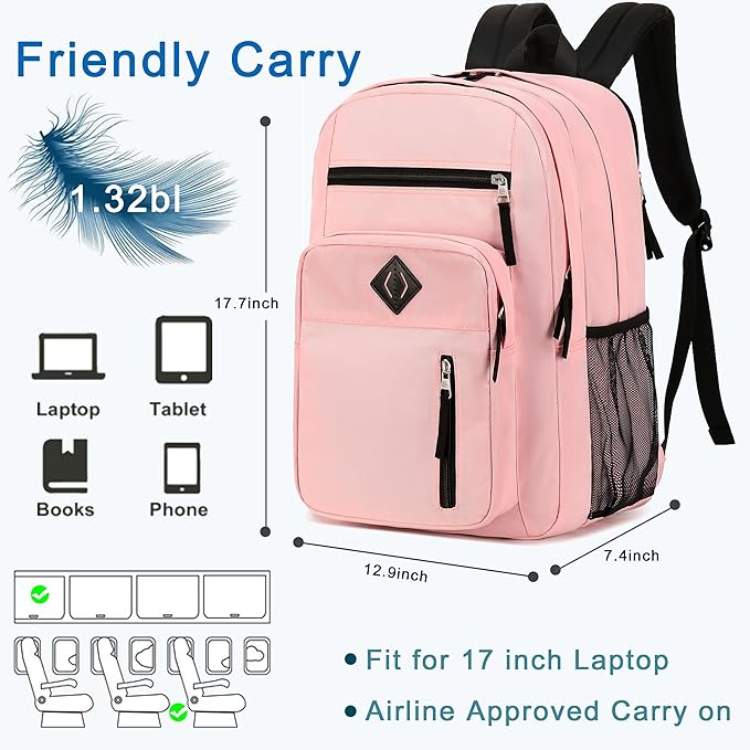 Laptop Backpack 17 inch for Women Men Large College Bookbags Waterpoof Work Business Travel Backpacks Kids School Bag for Girls Boys Students Teens Elementary Schoolbag Casual Daypack Sport-Pink