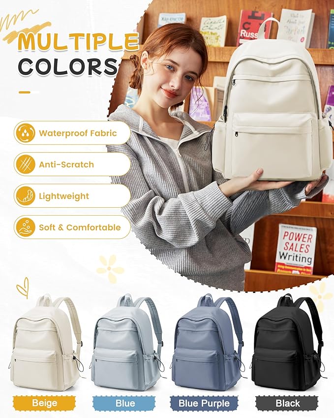 BJLFS Beige School Backpack for Girls Women Waterproof High School Book Bag Cute Backpack for Men Teens Boys, Lightweight Simple Middle School Back Pack Daypack