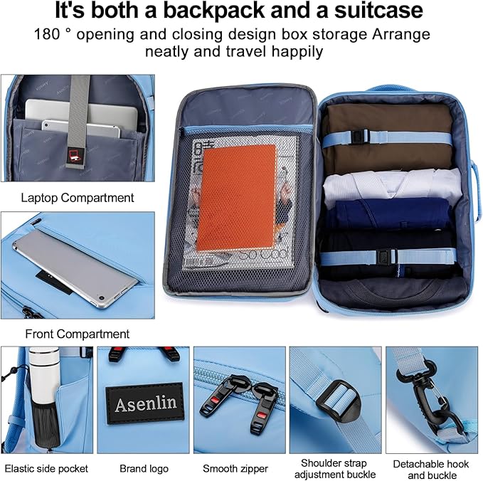 Asenlin 30L Travel Backpack for Women Men,Fit 15.6 Inch Laptop Backpack Flight Approved Luggage Carry On Water Resistant for Weekender Overnight Large Daypack Light Blue