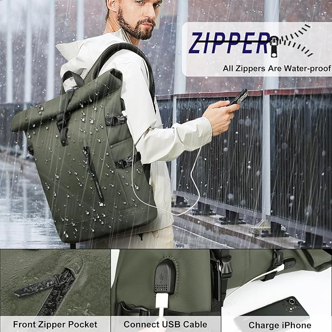 Roll Top Backpack, Waterproof Travel Backpack for Men Women, Expandable Casual Daypack for 15.6 Inch Laptop, Large Capacity Adjustable 18-27L Commute Laptop Backpack for Work Business College-Green