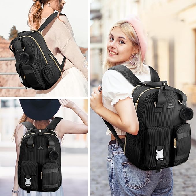 MATEIN Cute Laptop Backpack for Women, 15.6 Inch Corduroy Computer College Backpack, TSA Lightweight Aesthetic Back Pack Travel Laptop Daypack for Work Nurse Teacher Gift, Black